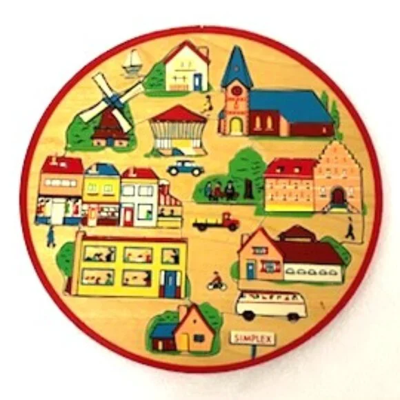 Vintage Simplex Wooden Puzzle 20 Pieces Round Made in‎ Holland Folk Art Scandi