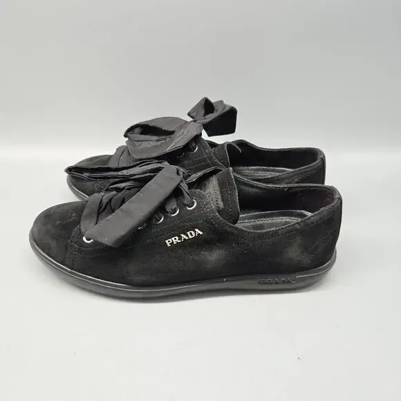 Prada Women's 6.5 Black Camoscio Suede Sneakers W/ Ribbon Laces Limited Edition