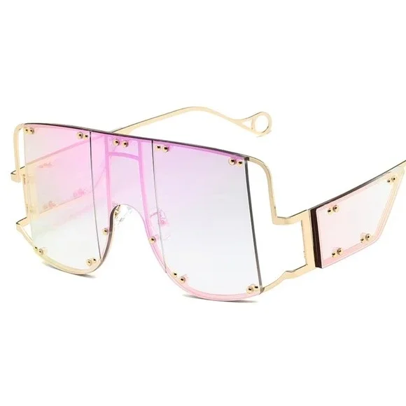 Shield Sunglasses Womens OS Pink Green New Oversized Rimless Flat Top Gold Frame