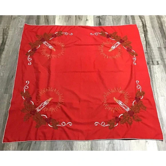 VTG 50's Christmas Tablecloth Red Embroidered Candles Holly 42x42 MCM Whimsical