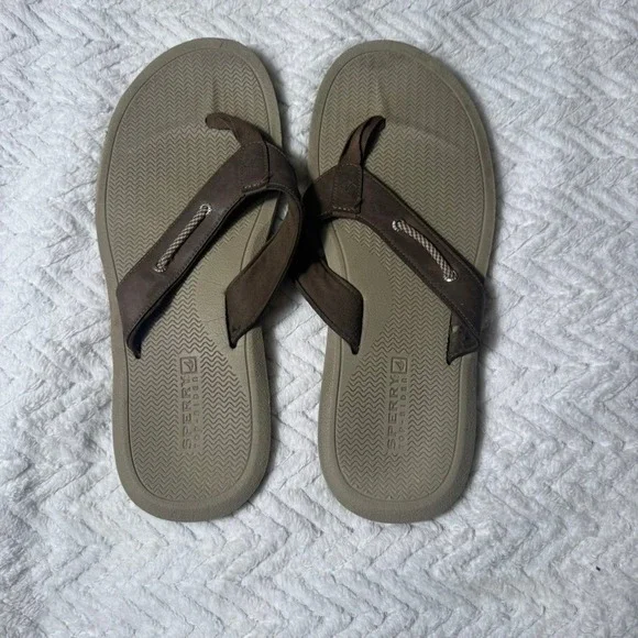 Sperry Top-Sider Men's Leather Flip Flops‎ Sandals Brown Size 13M