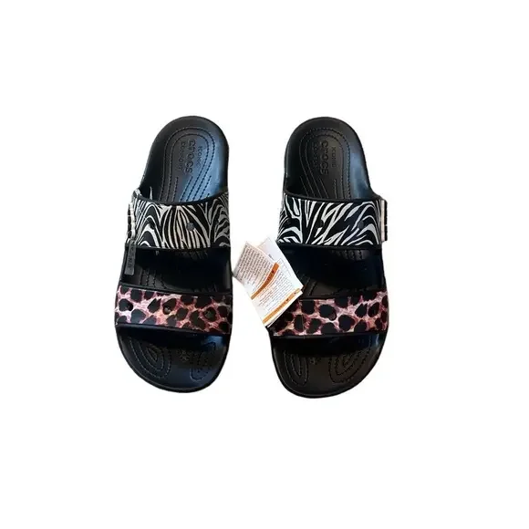 Crocs Classic Crocs Animal Remix Sandals Unisex Black Multi‎ Slides M 12 NEW