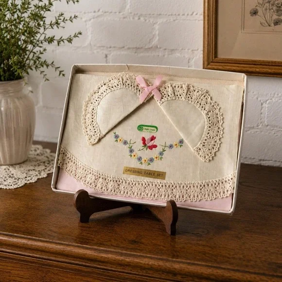 Vintage Irish Linen Dressing Table Set — Hand Embroidered Lace New in Box