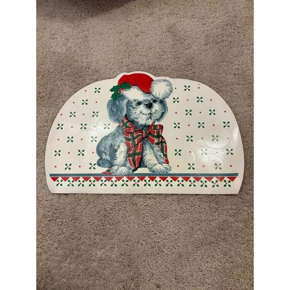 Vintage Christmas Vinyl Placemat Dog With‎ Hat and Bow