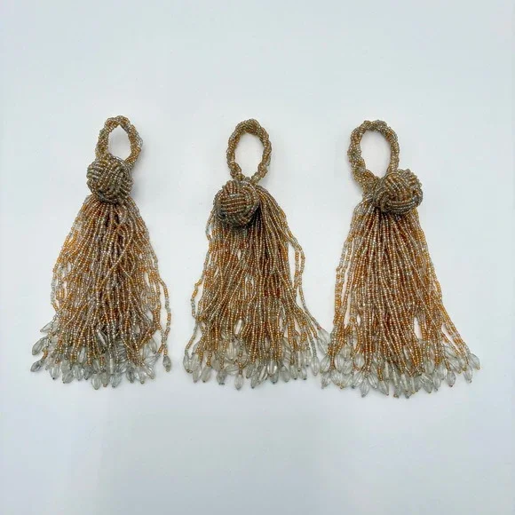Set of 3 Beaded Tassel Napkin Rings Tie Backs Vintage Gold Silver Boho Decor