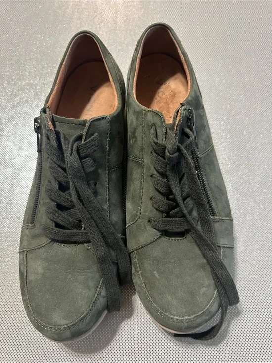 Vionic Women’s Suede Lace-Up Sneakers in Dark Green with Side Zipper