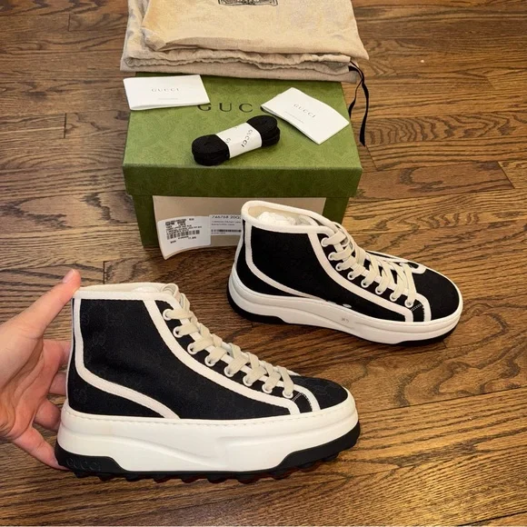 New Size 36.5 Gucci Women's GG Black and White High-Top Sneakers