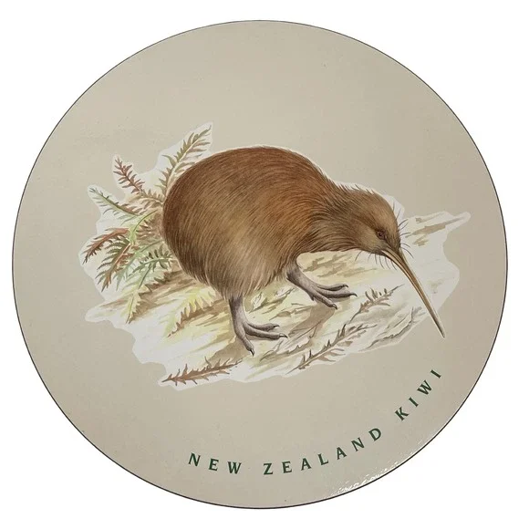Vintage New Zealand Kiwi Bird Round Cork Backed Placemat Trivet Beige Green Art