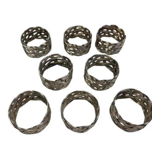 Napkin Rings Set of 8 Metal Woven Braided Holders Silver Tone Dinner Luncheon