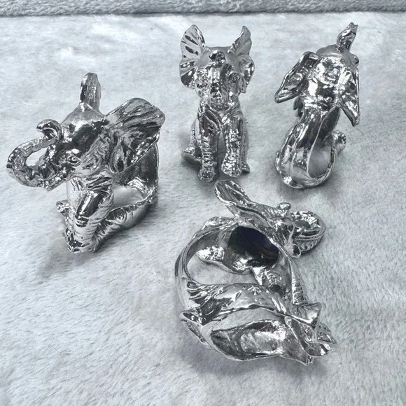 Silver Elephant Napkin Rings Set 4‎ Heavy Cast Metal Safari Boho Table Decor