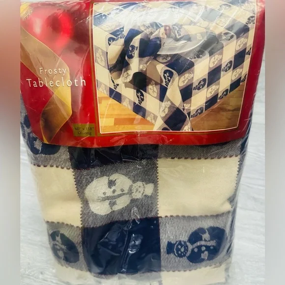 NOS VTG 100% Cotton Christmas Holiday‎ Snowman Tablecloth Blue White Checkered