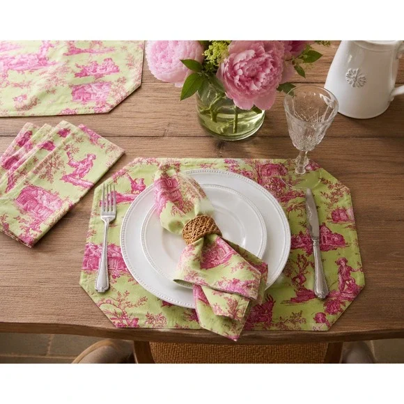Williams Sonoma Toile Placemats & Napkins Set 8 Pc Green Pink Cotton Table Linen