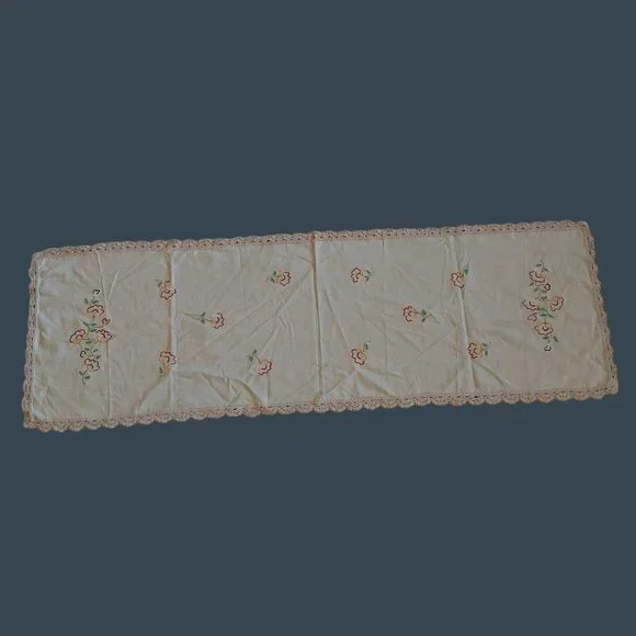 Embroidered Flowers Floral Table Runner Dresser Scarf With Crocheted Edges 57