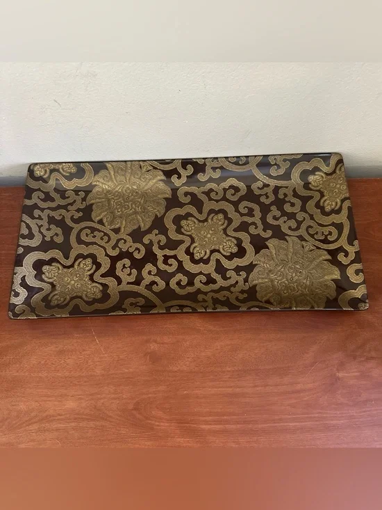 PotteryBarn Floral Scroll ceramic platter- Brown and Gold VNTGE RARE