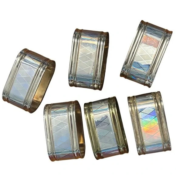Vintage Iridescent Silver Tone Napkin Rings Set of 6 Diamond Harlequin Oval MCM