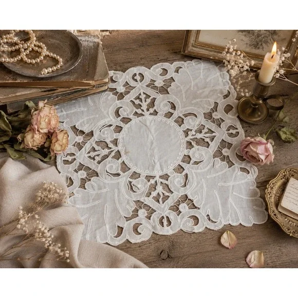 Vintage Victorian Shabby Chic Battenberg Lace Doily Cottagecore Boho Cream 12x11