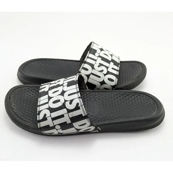 Mens Nike Black White Benassi Just Do It Logo Print Sandals 631261-024 Size 9