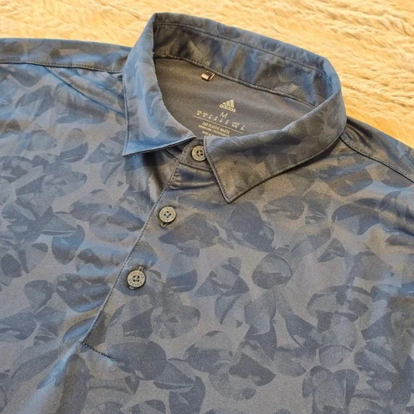 Adidas Golf Mens Medium Navy Blue Tonal Leaf Print Performance Polo Shirt