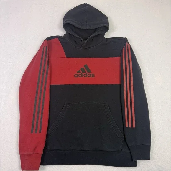 Adidas Mens‎ Hoodie Large Black Red Colorblock 3-Stripe Pullover FP7924 Athletic