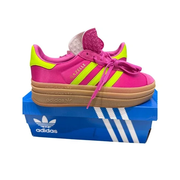 Adidas Gazelle Bold Lucid Pink Lucid Lemon Gum Platform Sneakers Womens 6.5 NEW