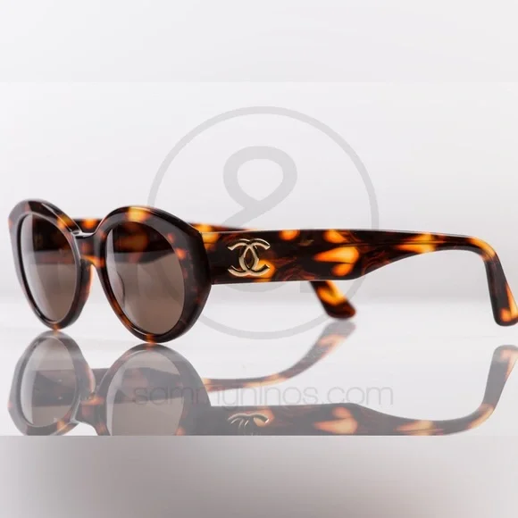 Auth CHANEL Havana Gold Tortoise Shell Sunglasses Gold CC Oval Cat eye ❤️‍🔥