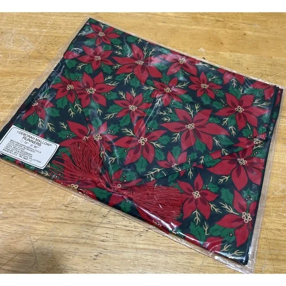 Deborah Mallow Poinsettia Christmas Table Runner Holiday Red Green tassel 12x92
