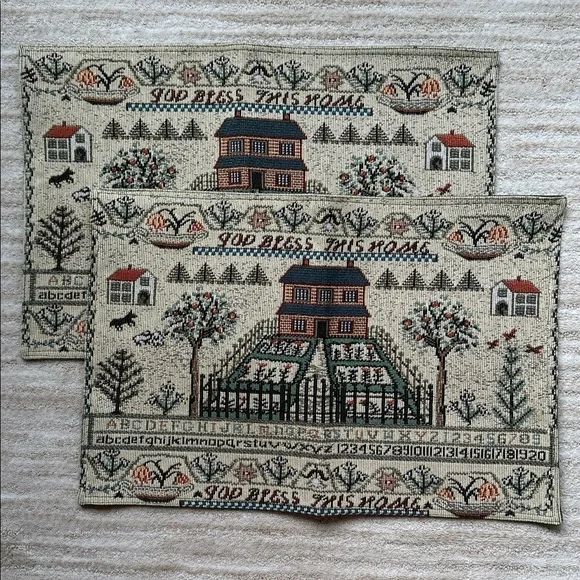 Set of 2 Vintage Style Handwoven Country Sampler Tapestry Place Mats Cottagecore