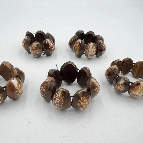 Set of 5 Shell‎ & Wood Napkin Rings Boho Coastal Island Style Table Decor
