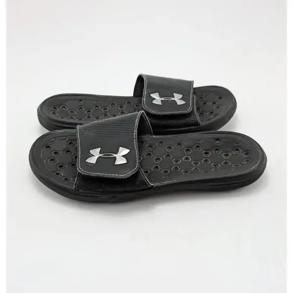 Mens Under Armour Black Silver Slip On Slides Sandals 1248165-002 Size 8