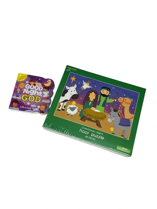 Christian Christmas Puzzle & Good Night God Lift-a-Flap Book Bundle Nativity Kid