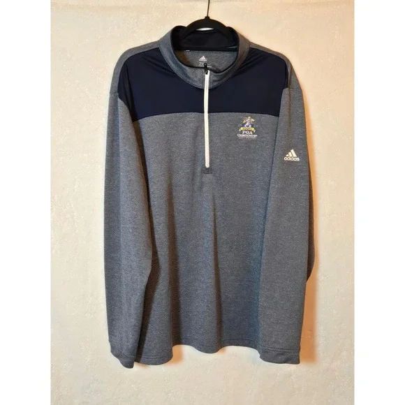 Adidas‎ Mens 2XL PGA Golf Pullover Gray Navy Long Sleeve 1/4 Zip Pullover PGA