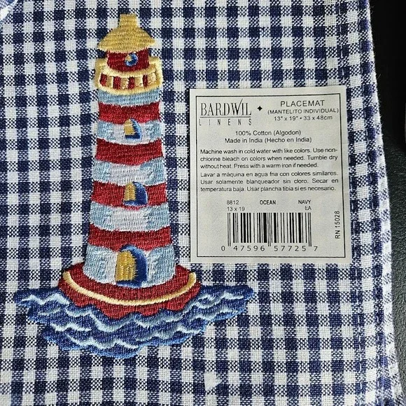 Bardwil‎ Linens Placemat Set 8 Unisex 13x19 Navy Blue Gingham Lighthouse Coastal