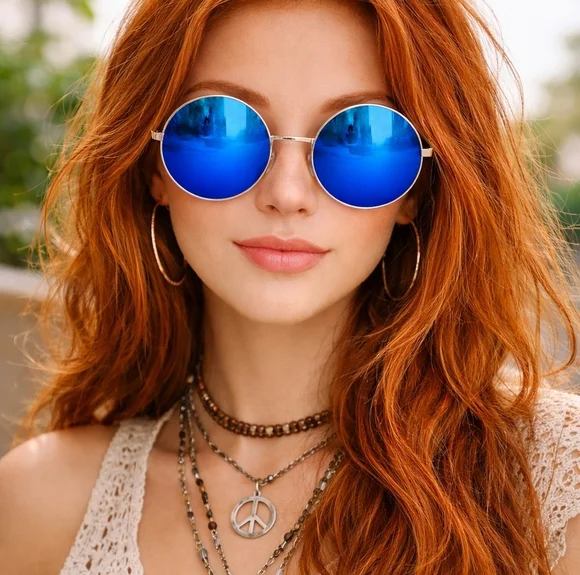 Circle Steampunk sunglasses BLUE‎ round Hippie lens