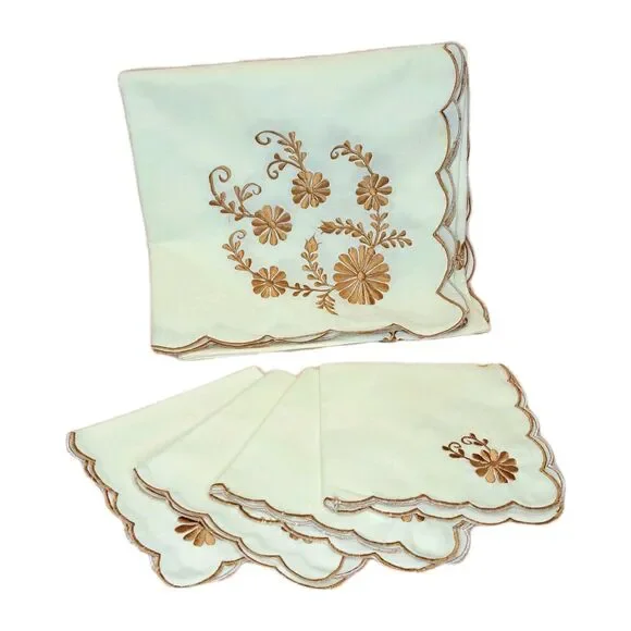 Vintage Set Of 5 Table Serving Linen Napkins And Big Square Beige Embroidered