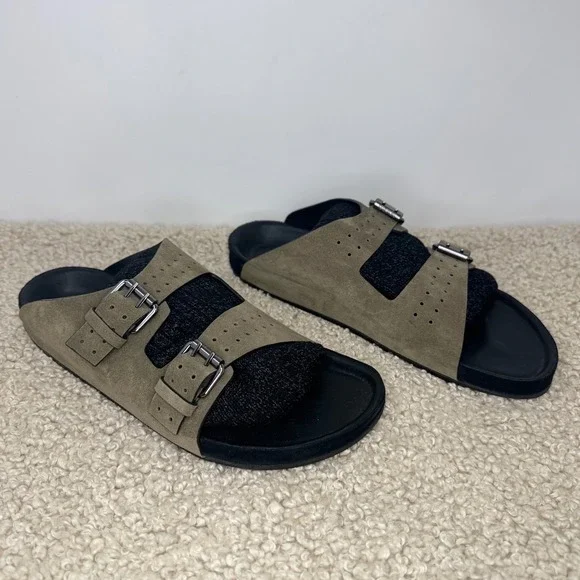 New The Kooples Olive Suede Double Buckle Slides Sandal Khaki Green EU 43 Men 10