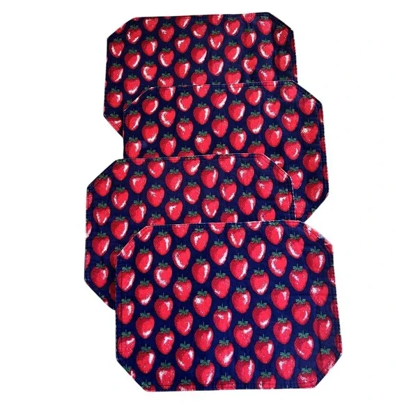 Vintage Strawberry Print Red & Navy Quilted Table Placemats LOT Of 4