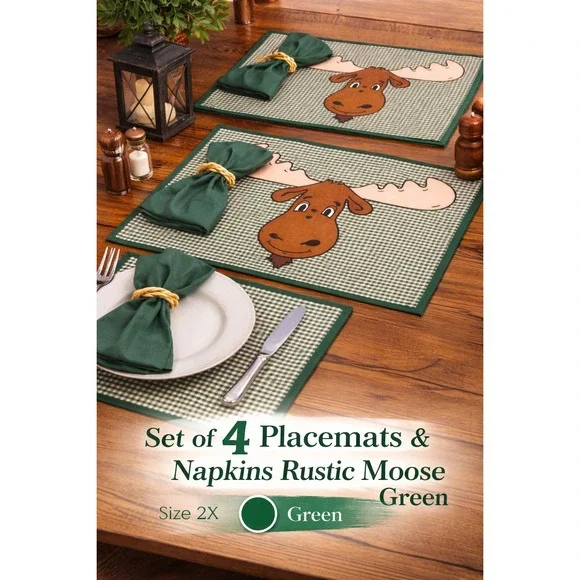 Set of 4 Rustic Moose Placemats Napkins & Antler Rings Green Gingham Lodge Decor