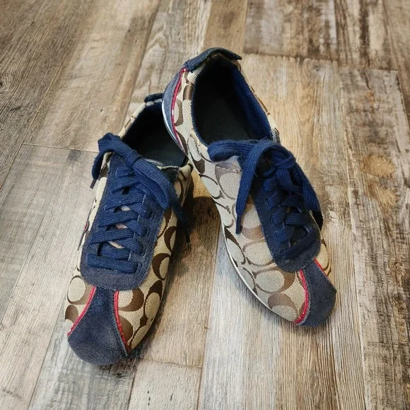 Coach Devin Signature Monogram Navy Suede Tan Canvas Low Top Sneakers 5.5 Logo