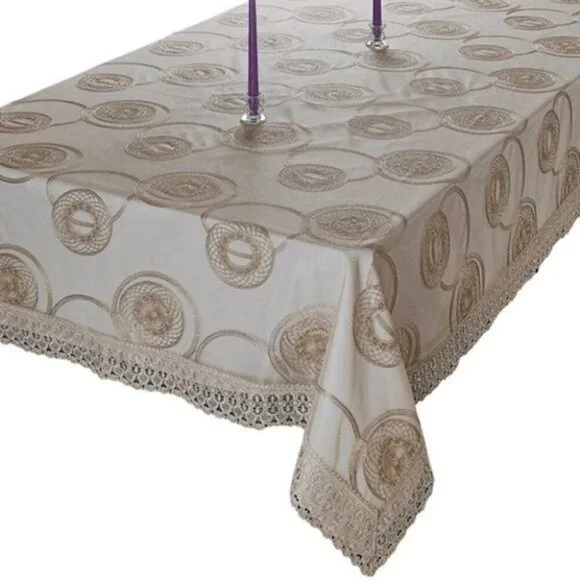 52”x70” Sheer Glitter Gold Embroidery Tablecloth/ Crochet Border
