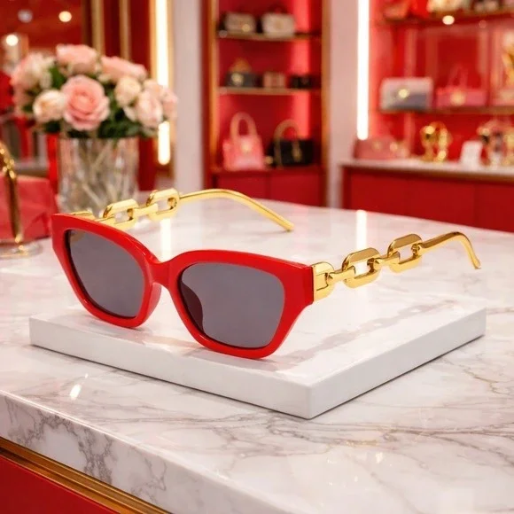 Sunglasses Women Red Fashion Cat Eye‎ Sunglasses with luxury Chain handles.