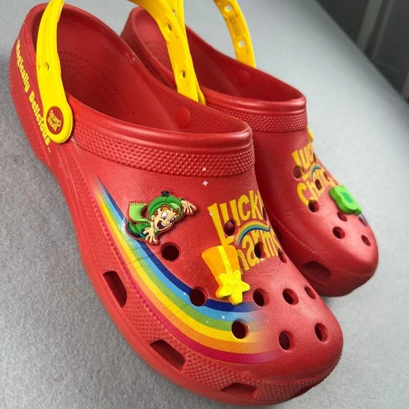 Crocs Classic Clogs Men 13 Red Lucky Charms Cereal Jibbitz Rainbow Shoes 80s 90s