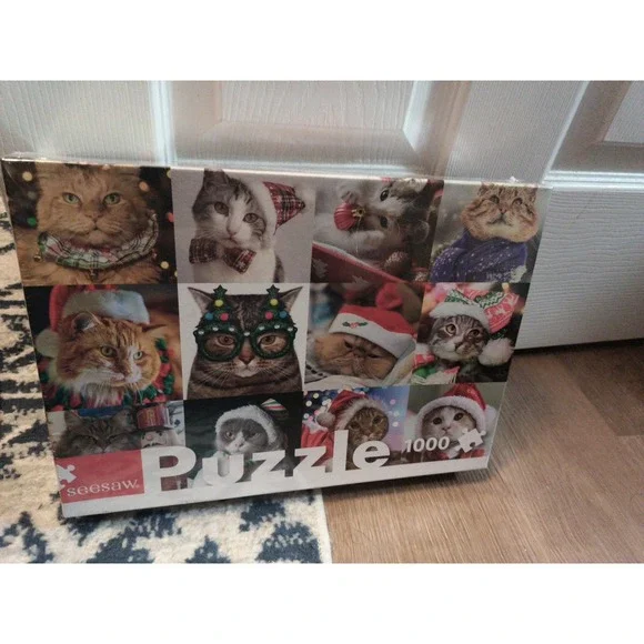 1000 pc Holiday Christmas Cats Jigsaw Puzzle Seesaw 18.9