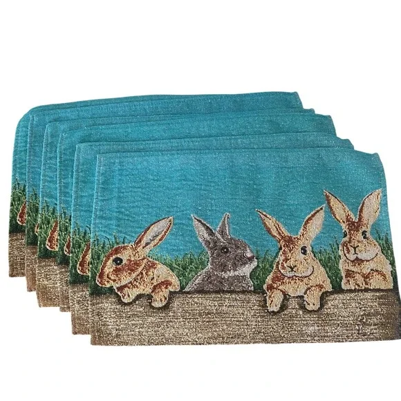 Set of 6 Woven Tapestry Bunny Rabbit Placemats Teal Rustic Easter‎ Spring Decor