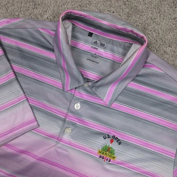 Adidas Polo Shirt Mens Medium Purple Striped US Open Merion 2013 Climacool Logo