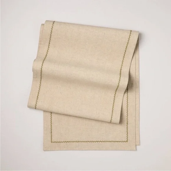 Embroidered Border Standard Table Runner Natural/Green - Hearth & Hand Magnolia
