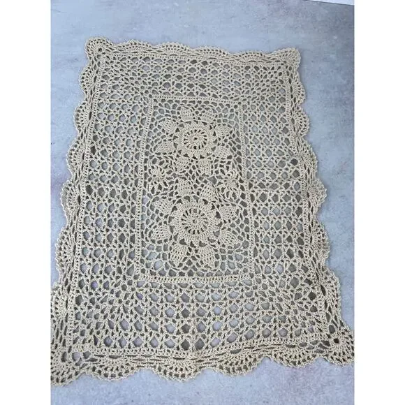 Vintage Beige Handmade Crochet Scalloped Trim Rectangular Tablecloth - 17