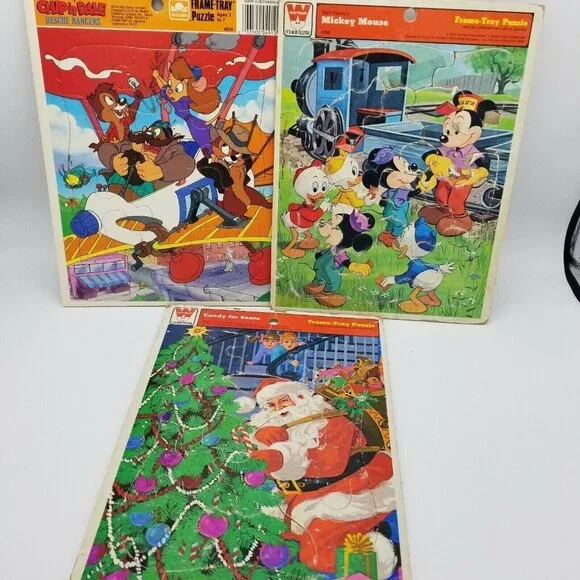 Lot of 3 VTG Disney Golden Frame‎ Tray Puzzles: Chip'n Dale,Mickey Mouse,Santa