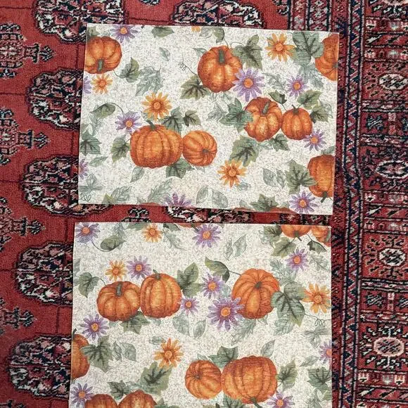 Set‎ of 2 Fall Themed Rectangular Placemats w Pumpkins Smooth Weave Reversible