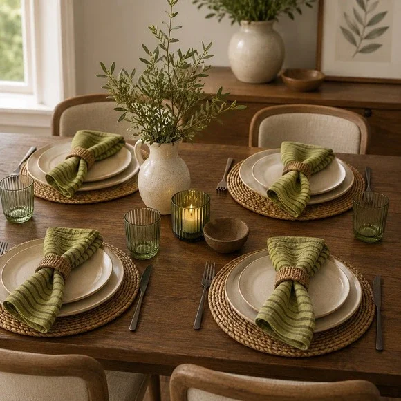 Tag Green Striped Cotton Cloth Napkins Set of 4 Farmhouse Boho Table Linens