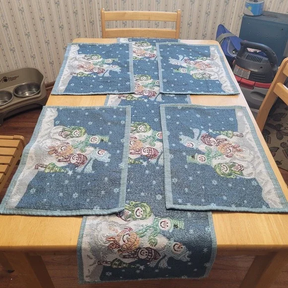 Snowman Family Christmas Holiday Tapestry Placemats Set Of‎ 4 With Runner